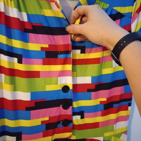 Vintage 🌈 Rainbow Stretchy Button Up Mini Retro 80's Dress - Picture 6 of 11